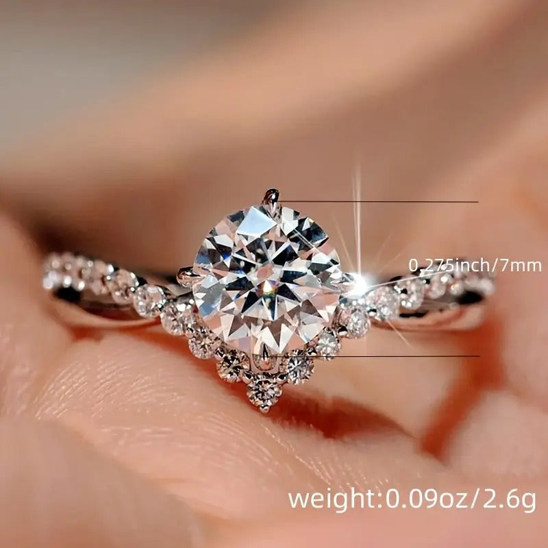 Elegant Sterling Crown Design Crystal Solitaire Ring