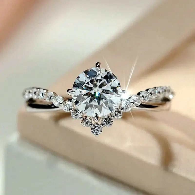 Elegant Sterling Crown Design Crystal Solitaire Ring