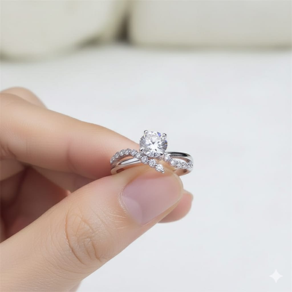 Elegant Sterling Crown Design Crystal Solitaire Ring